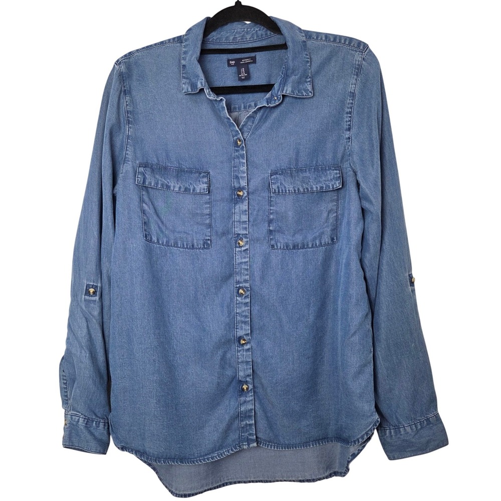 Gap Womens Medium Blue Boyfriend Fit Tencel Button Down Shirt 298538-00 Indigo